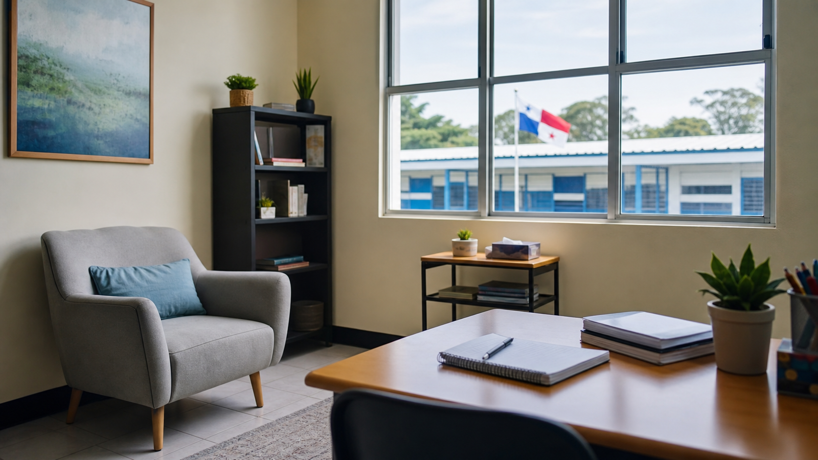 A quiet school counseling room prepared for student mental health support.