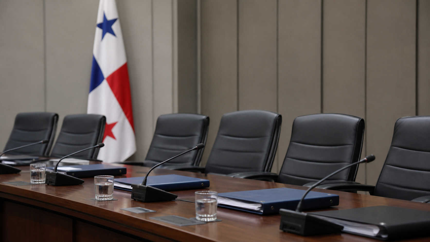 Budget documents and microphones are arranged before an Assembly committee session.