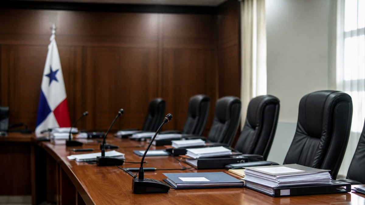 formal government budget committee room with financial folders and empty seats