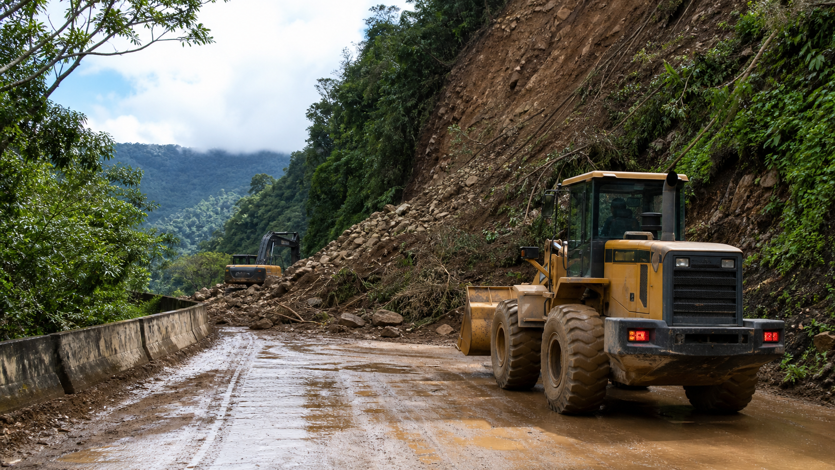 Road-clearing machinery approaching a landslide-blocked mountain road in western Panama.