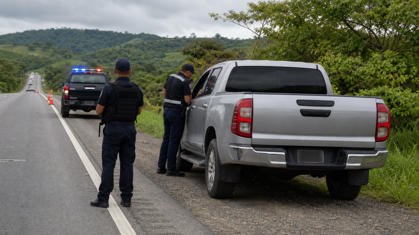 Police inspect a recovered pickup truck on a roadway in Chiriquí.