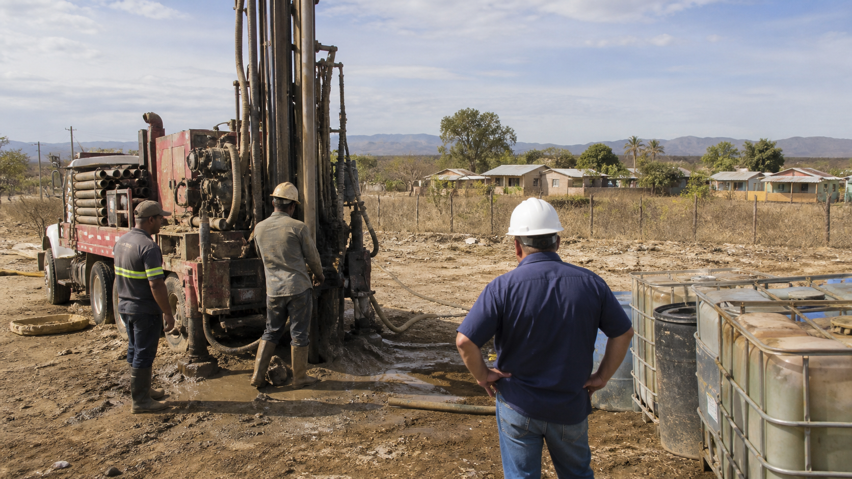 Workers inspect well-drilling equipment near a rural community in Cocle.