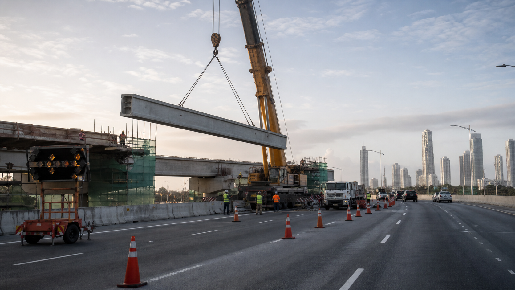 Road crews preparing beam-lifting work on a coastal expressway.