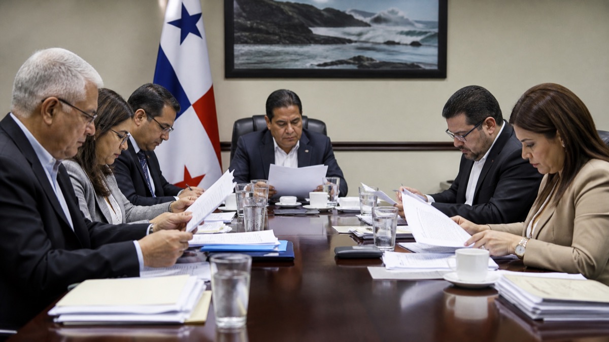 government oversight meeting in Panama reviewing emergency response spending documents, no readable text