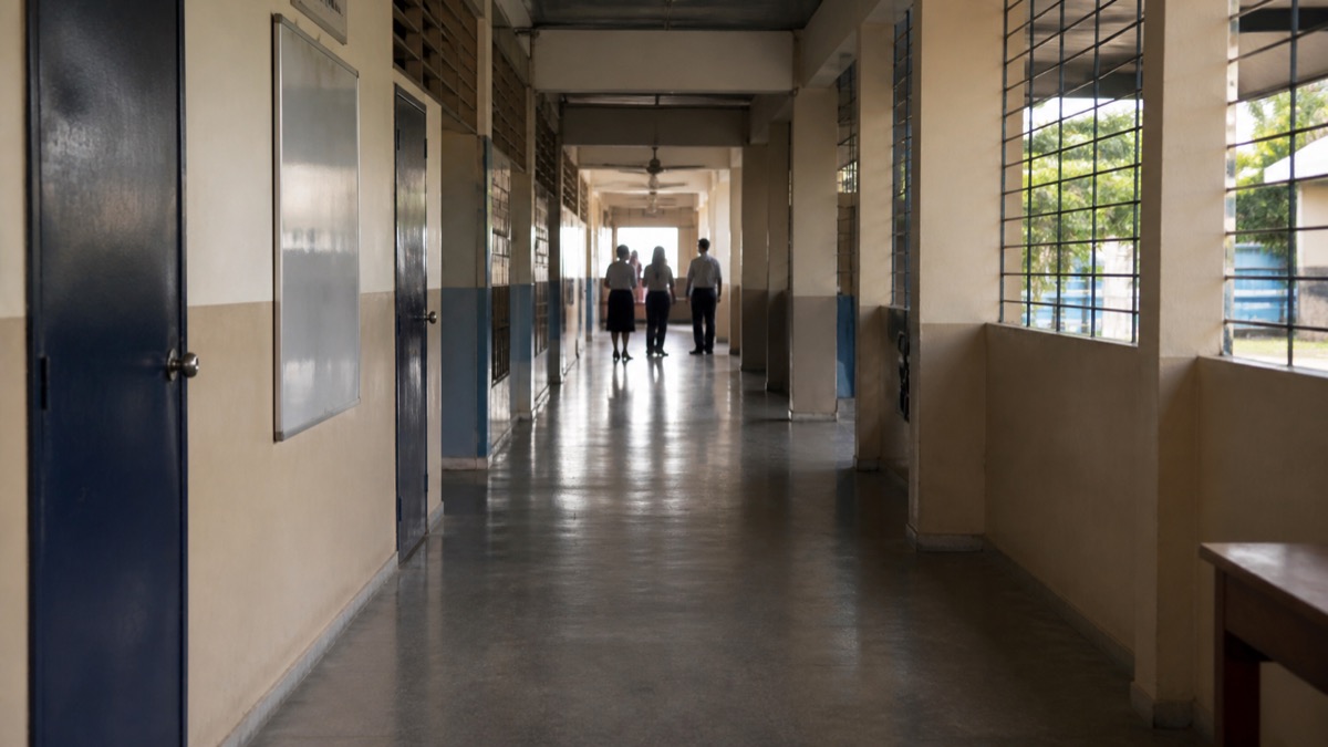 empty school corridor with concerned staff silhouettes in distance