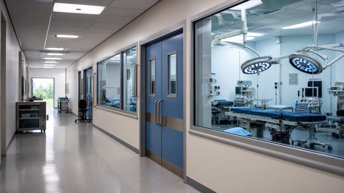 empty modern hospital teaching corridor with surgical training room doors