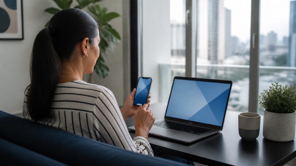 consumer using laptop and smartphone for digital services at home in Panama, screens abstract without text