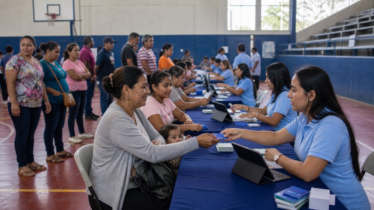 organized education-benefit card distribution desk in a school gym in Panama, guardians waiting in orderly lines, no visible card numbers