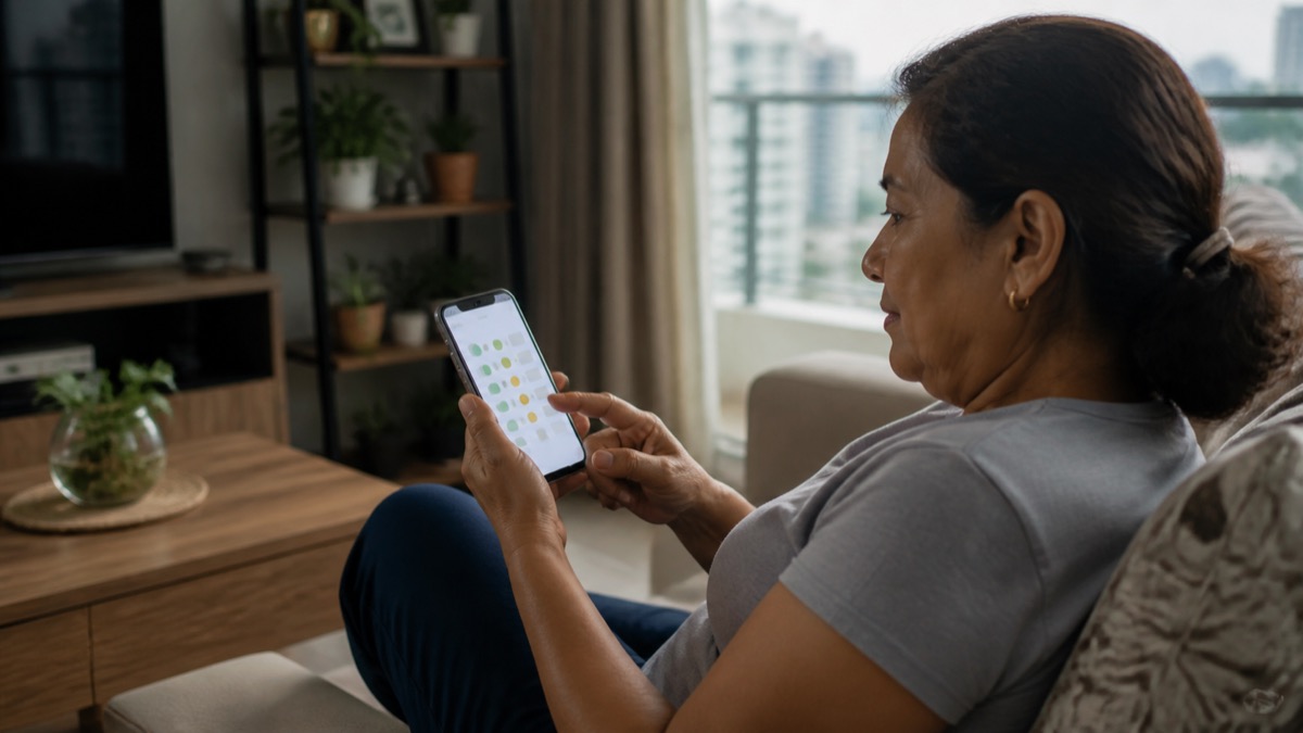 patient checking a generic pharmacy availability app on smartphone at home, screen without readable text