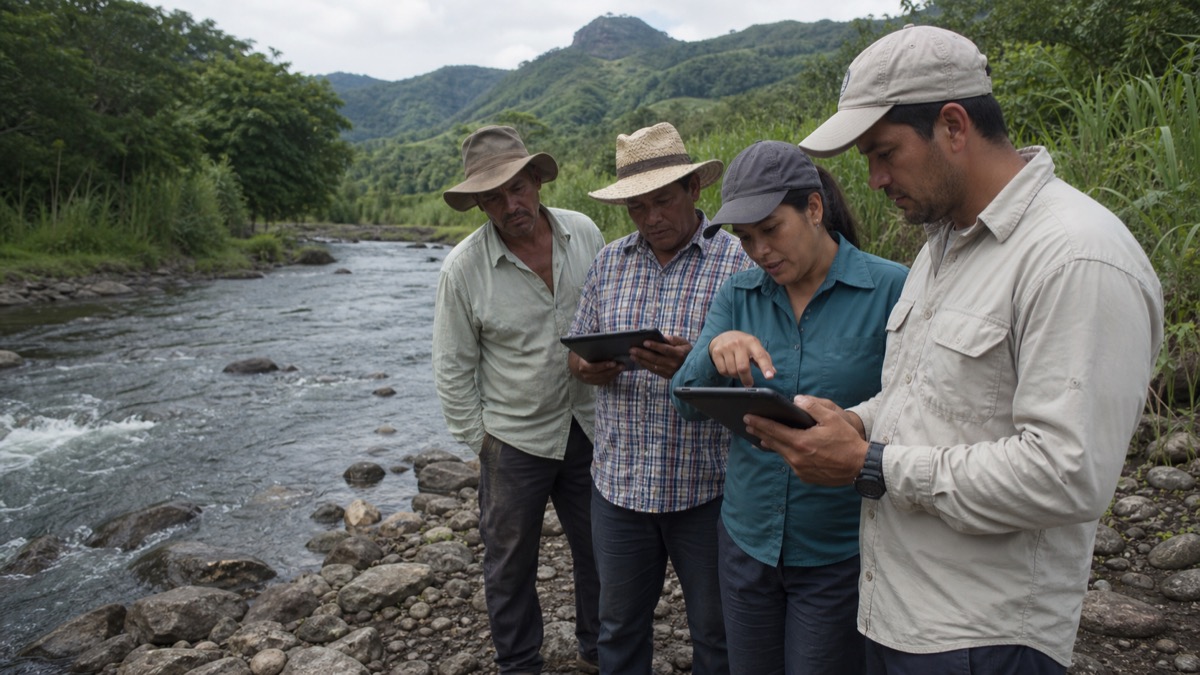 technicians and farmers reviewing watershed data on tablets beside a river basin in rural Panama, screens abstract