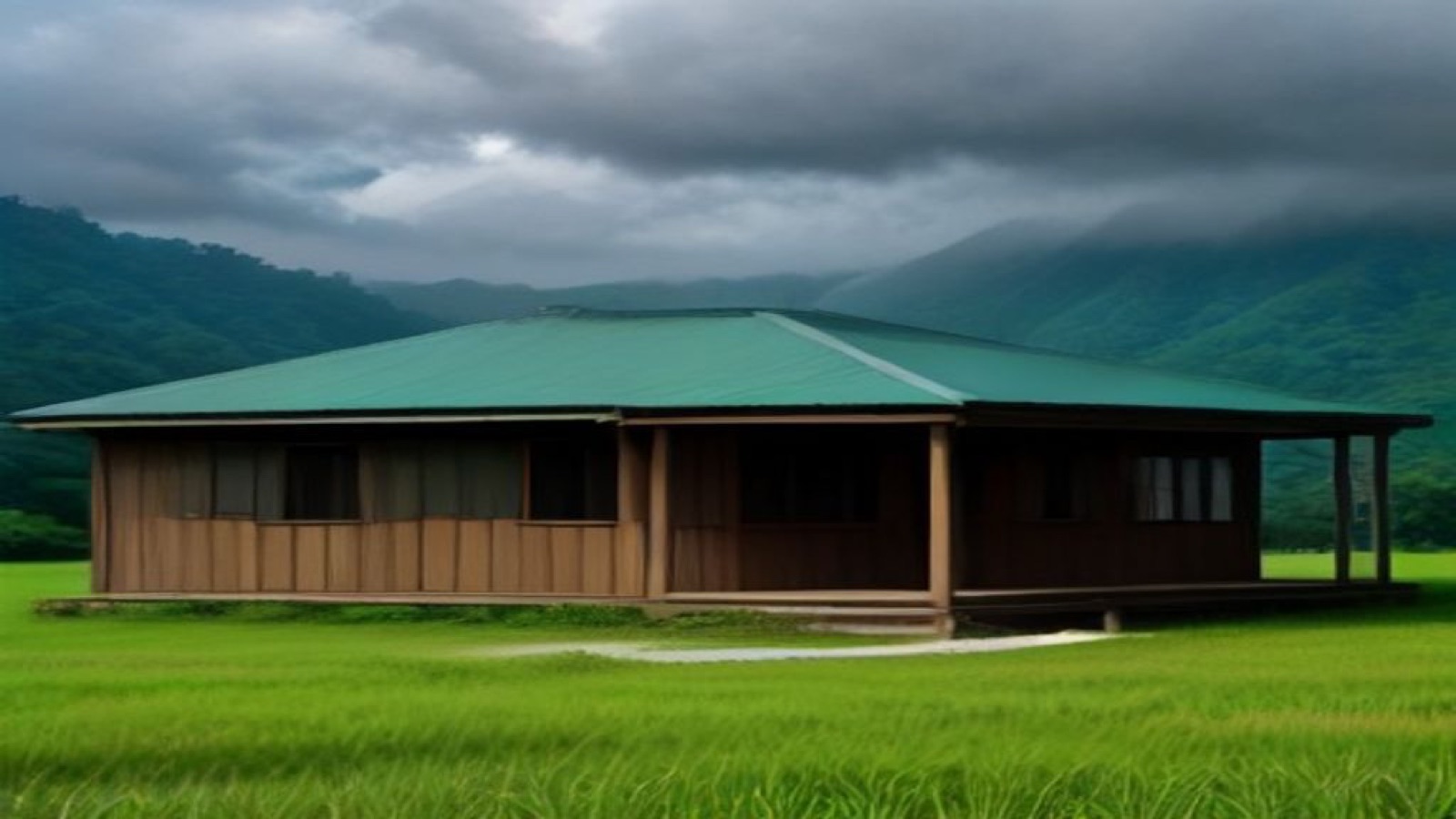 A small rural school building with a covered veranda in green hills.