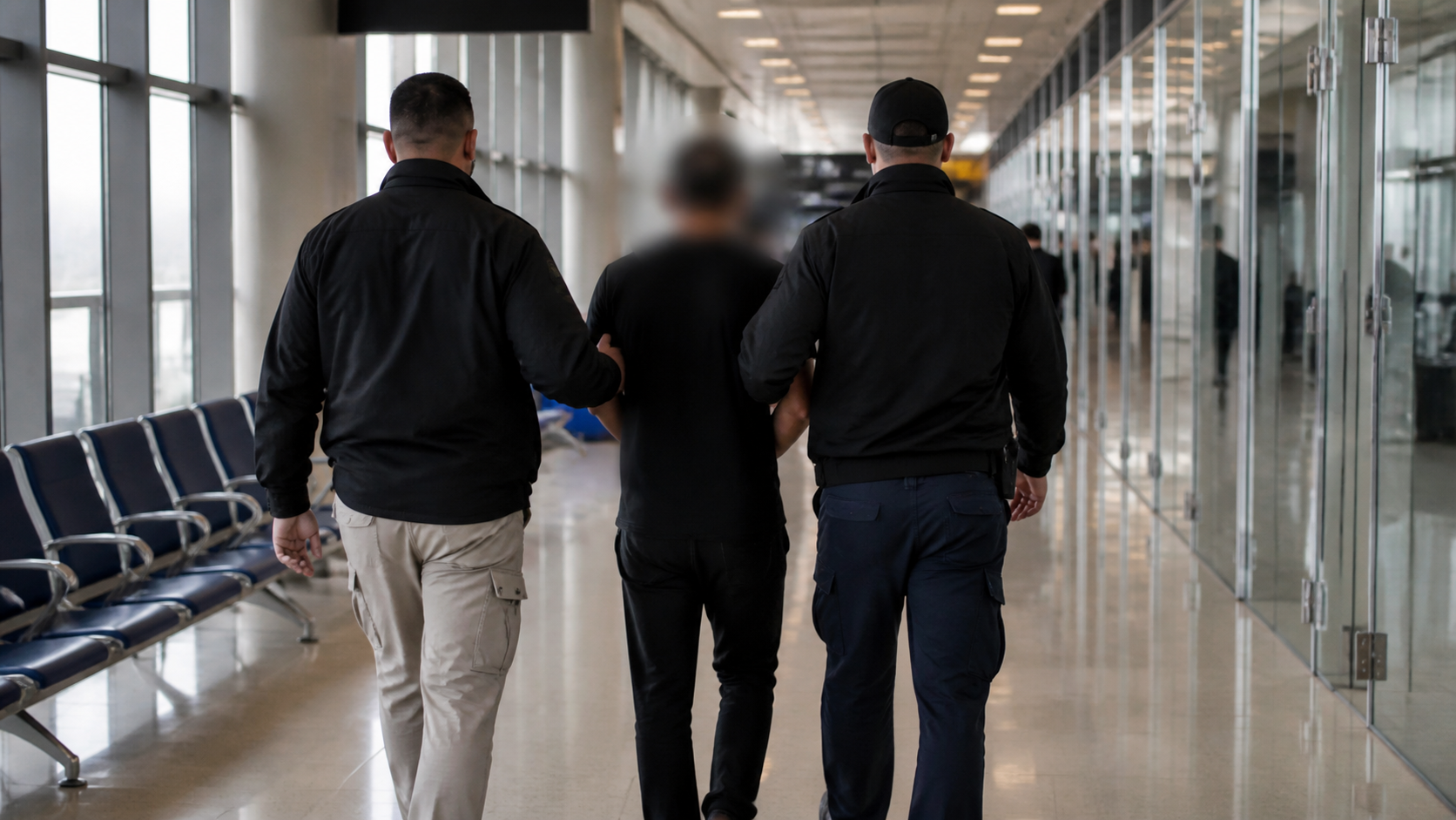 Security officers escort a blurred suspect through an airport corridor.