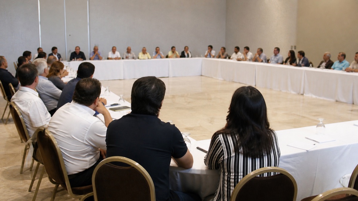 independent civic movement meeting in Panama with members seated around tables, no readable signs or logos