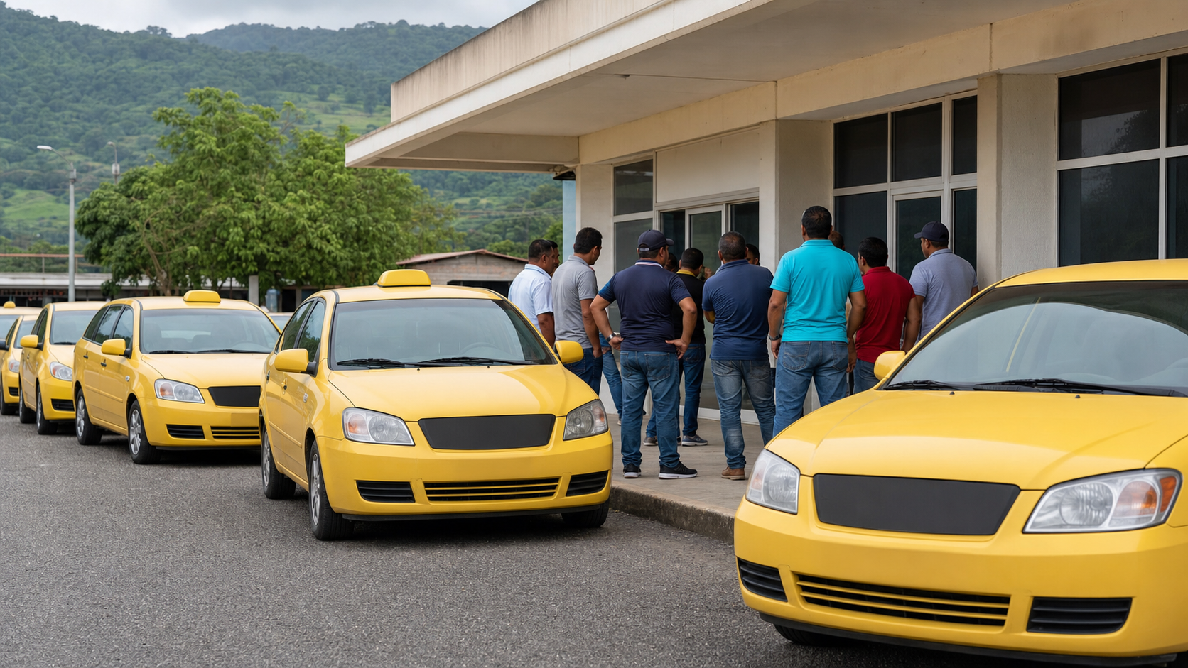 Taxi vehicles gathered near a transit authority office in Veraguas.