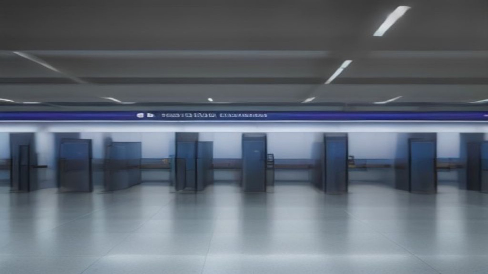 Empty immigration control booths in an airport arrivals hall.
