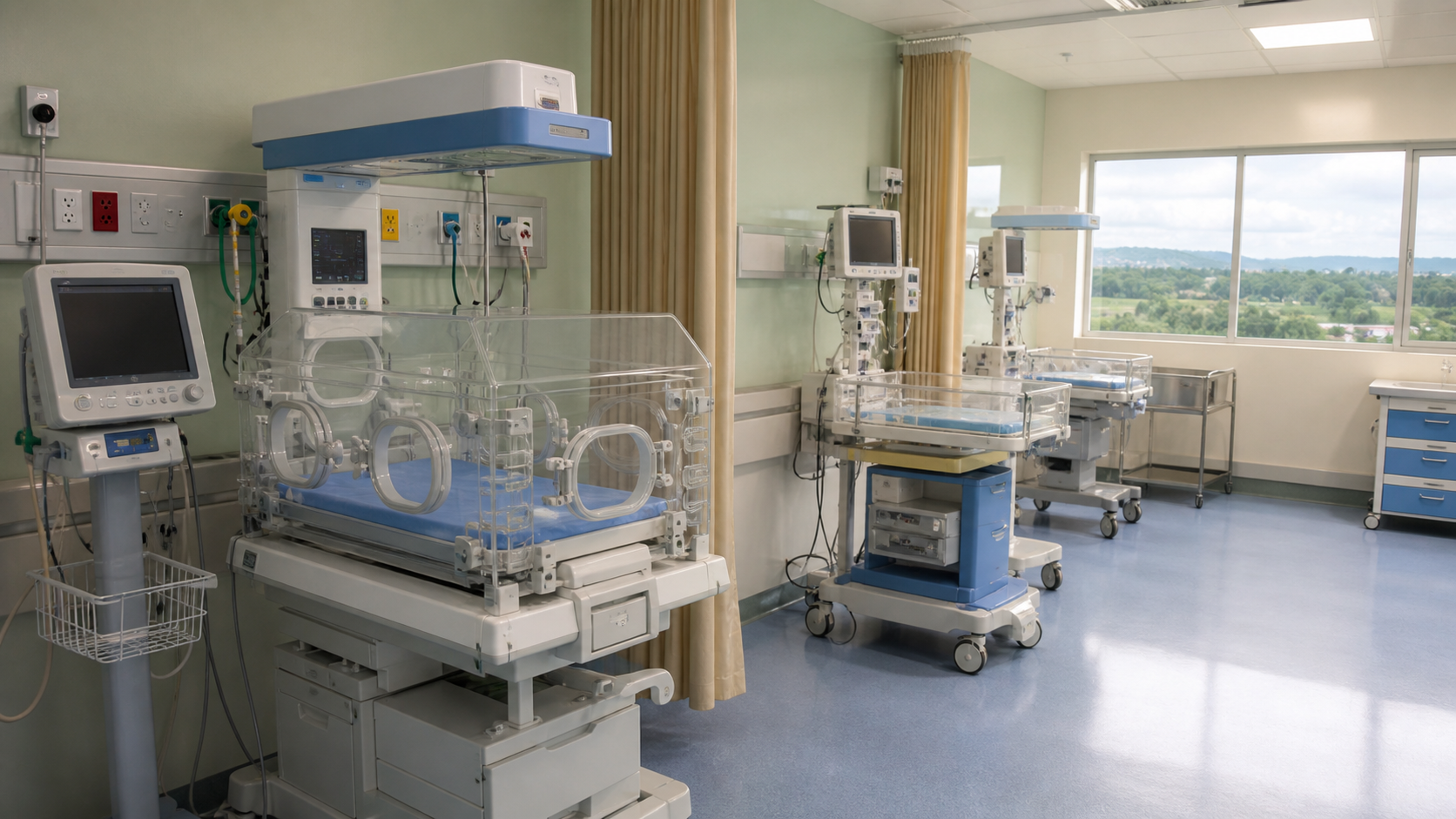 Neonatal care equipment is prepared in a clean regional hospital ward.