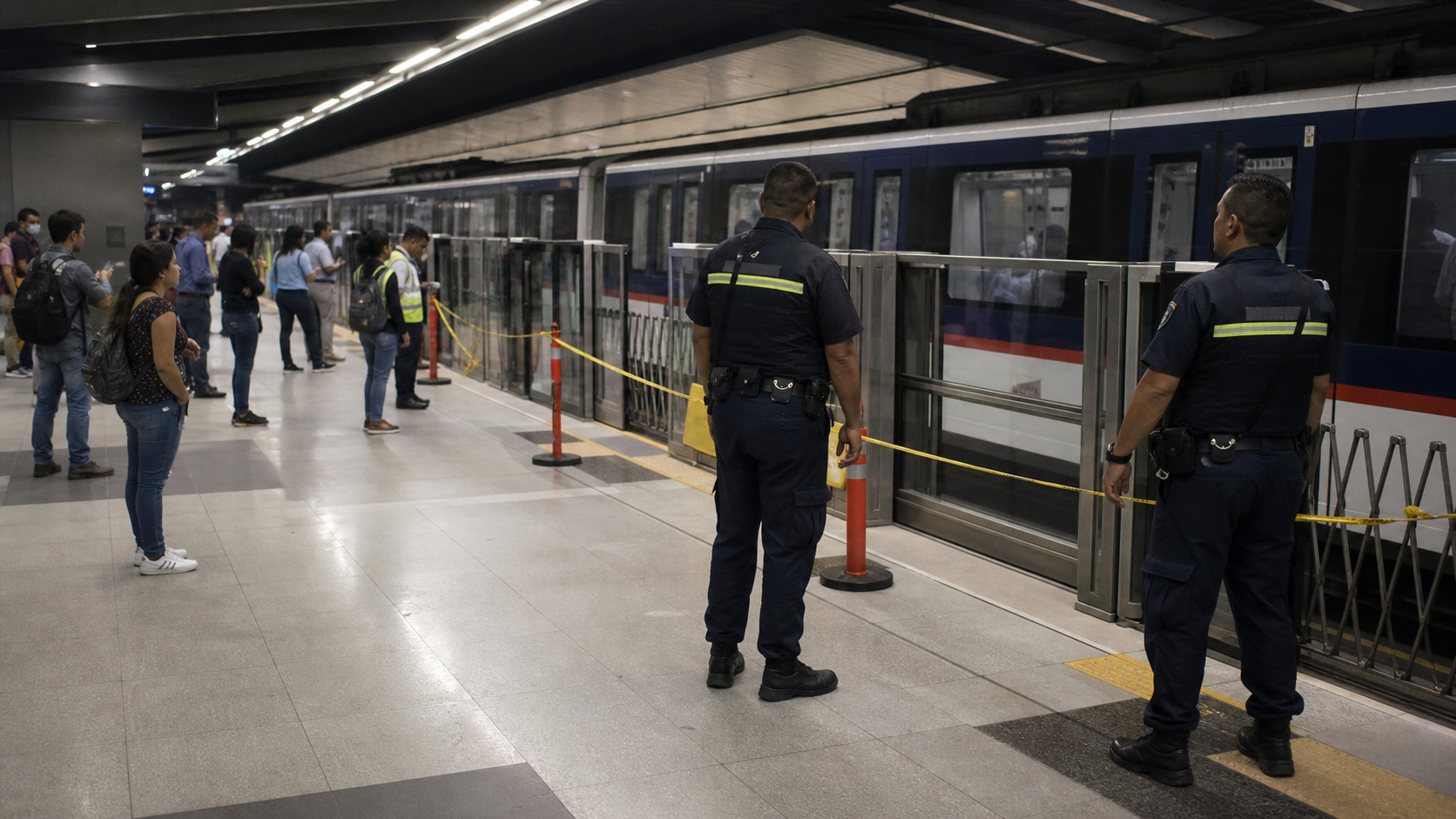 Metro security staff stand near a closed platform area after a track intrusion incident.