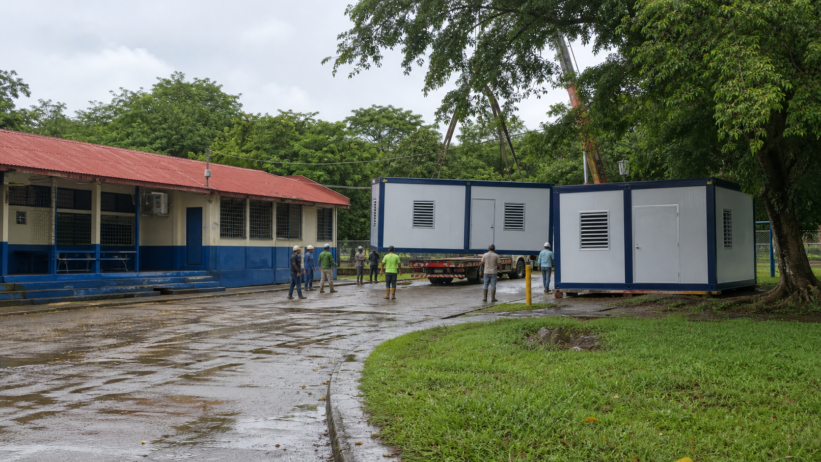 School remodeling preparations beside classroom learning modules.