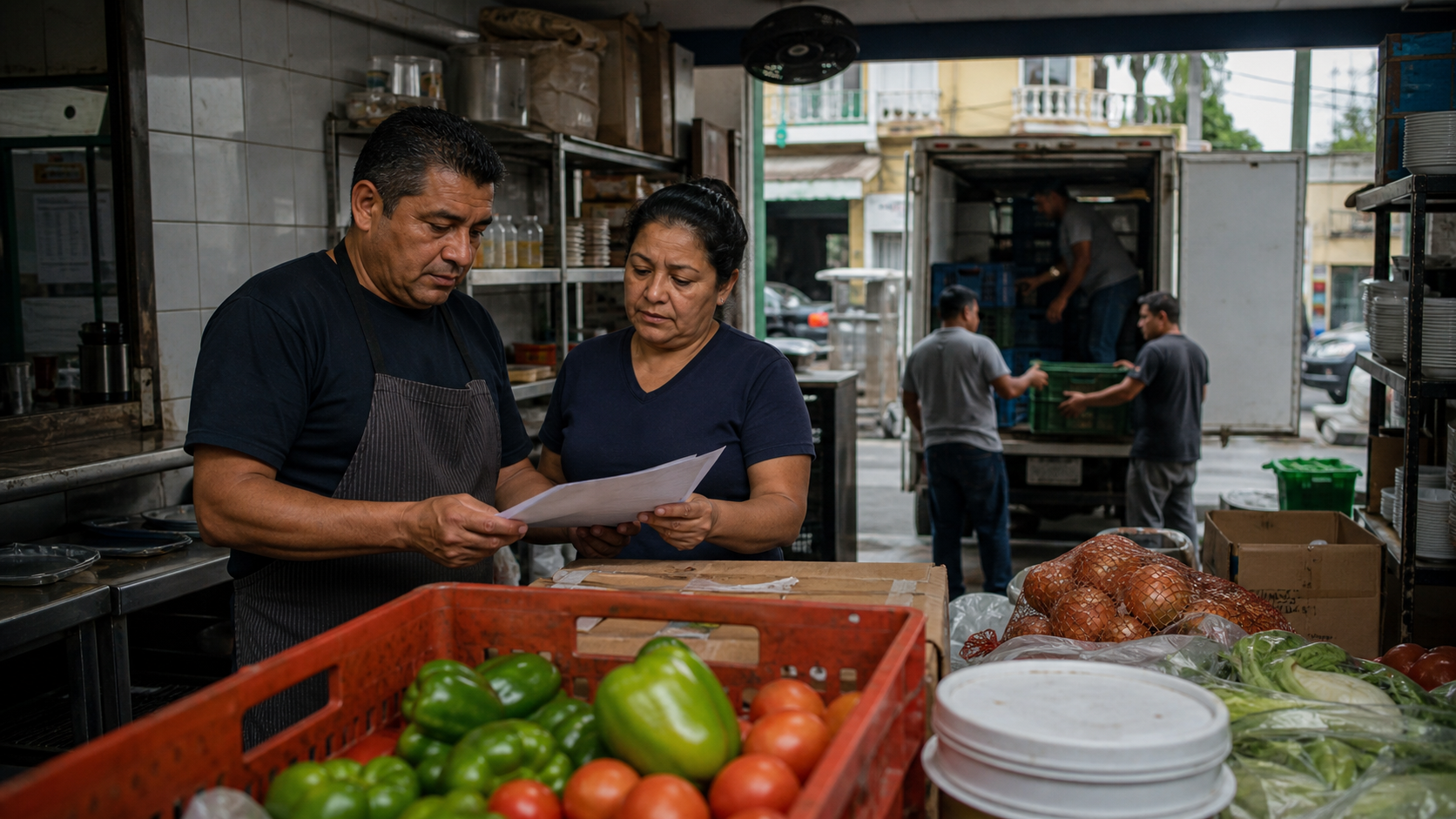 Restaurant staff review delivery invoices and supplies in a small Panama kitchen.