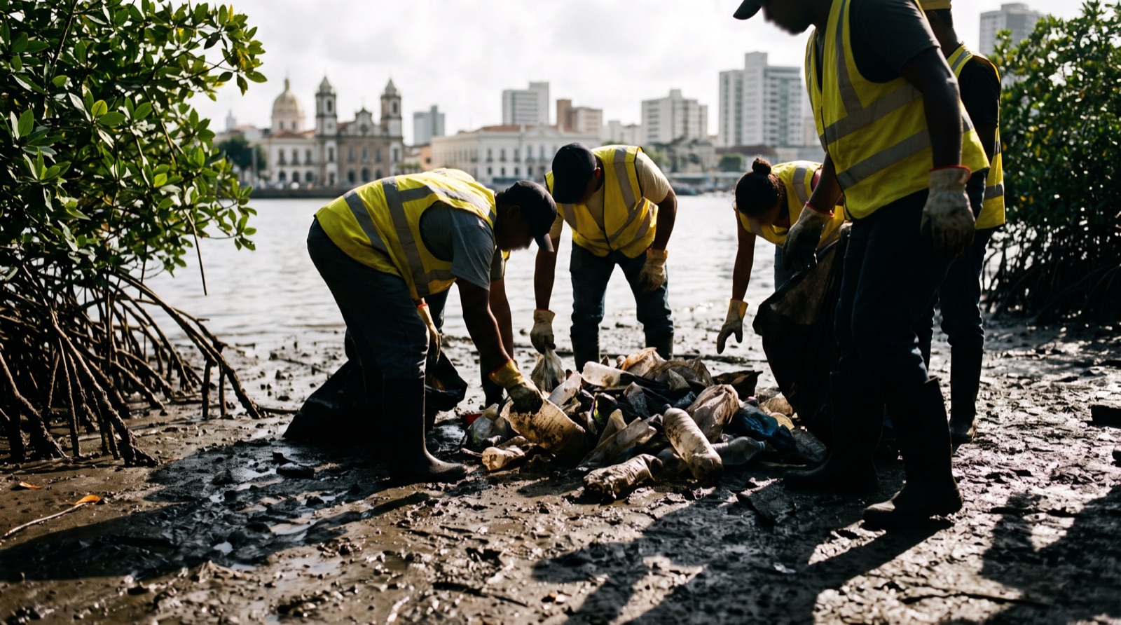 Cleanup crews collect waste along a mangrove-lined urban riverbank.