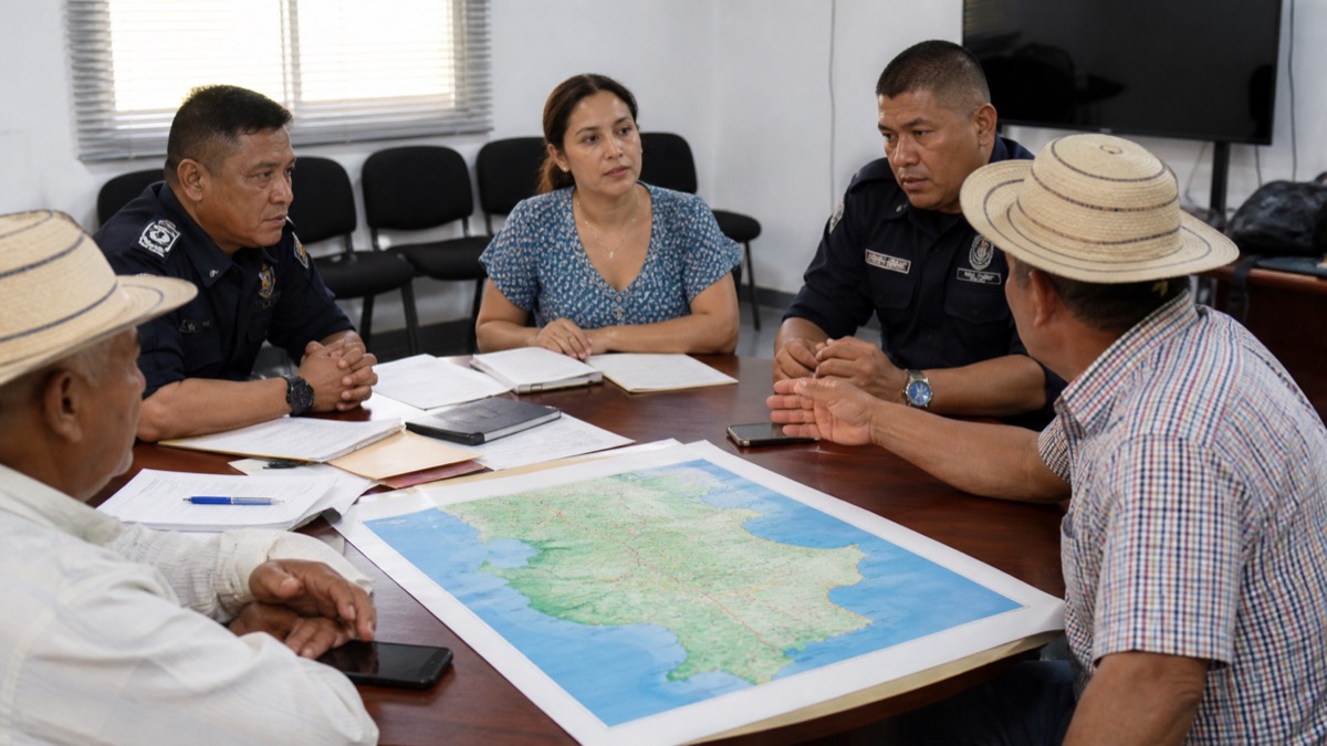 police and community safety meeting in Azuero with documents and regional map without text