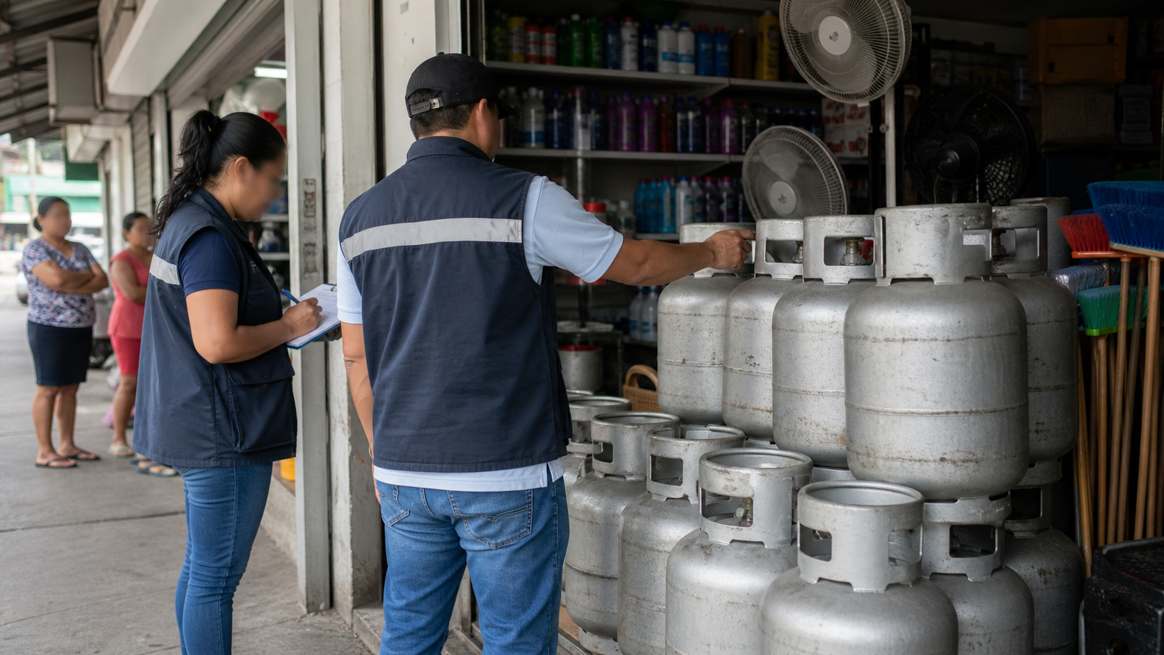 Consumer-protection inspectors check 25 pound gas cylinders at a neighborhood shop.