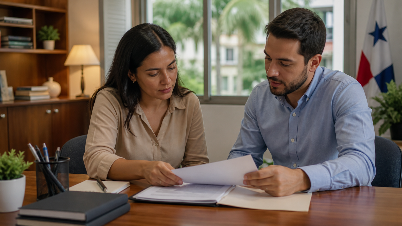 Family services staff review adoption paperwork in a child welfare office.