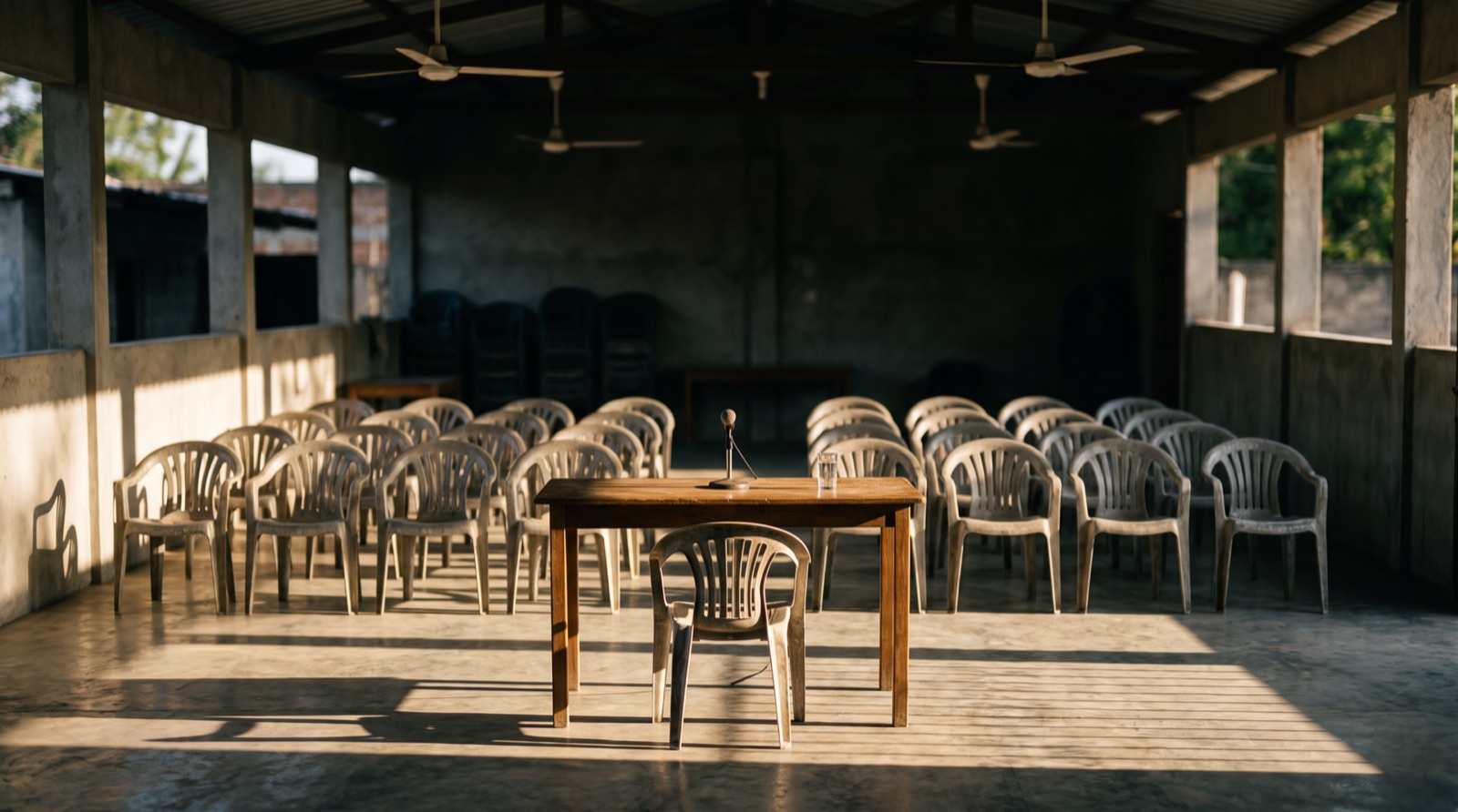Rows of chairs in a community hall set up for a public civic meeting.