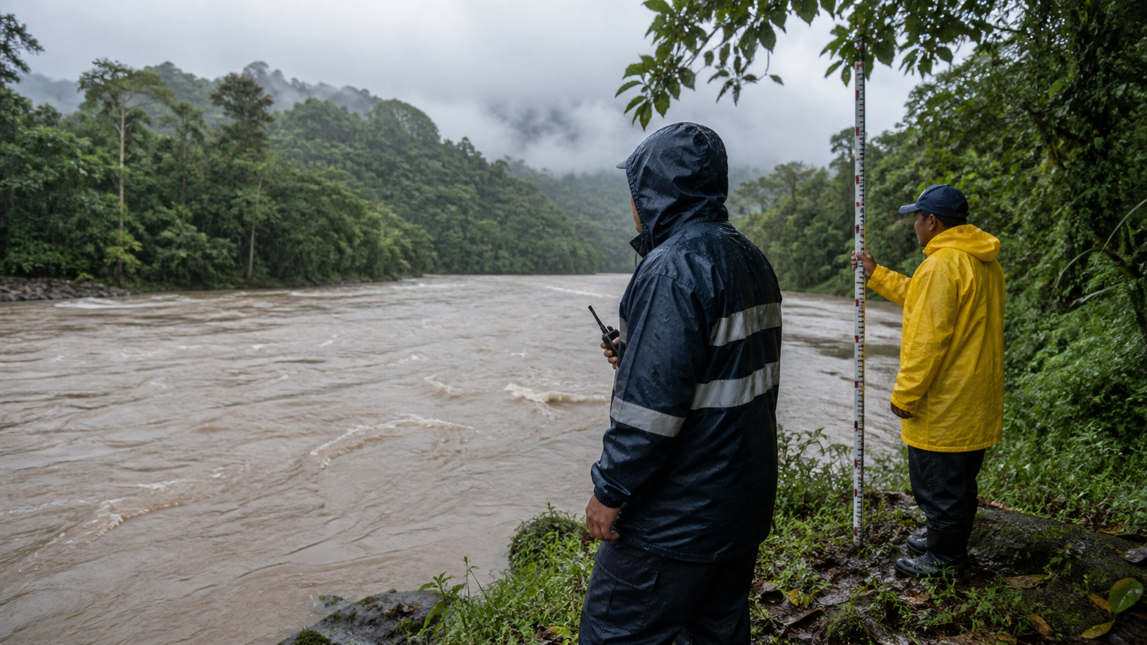 Civil protection personnel monitor a swollen river in a rural Panama comarca.