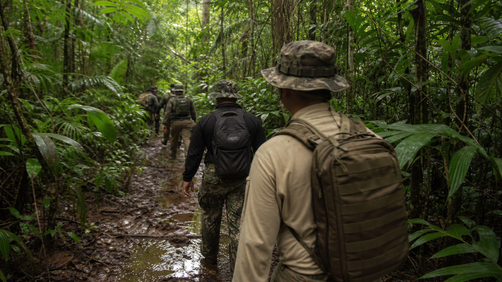 Security personnel moving through a jungle training route in Colon.
