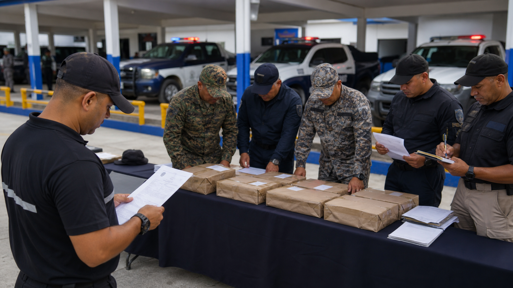Police officers review seized items and traffic reports after weekend operations.