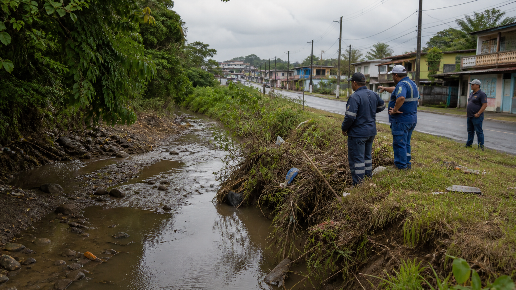 A rain-swollen creek near homes in Colon needing dredging work.