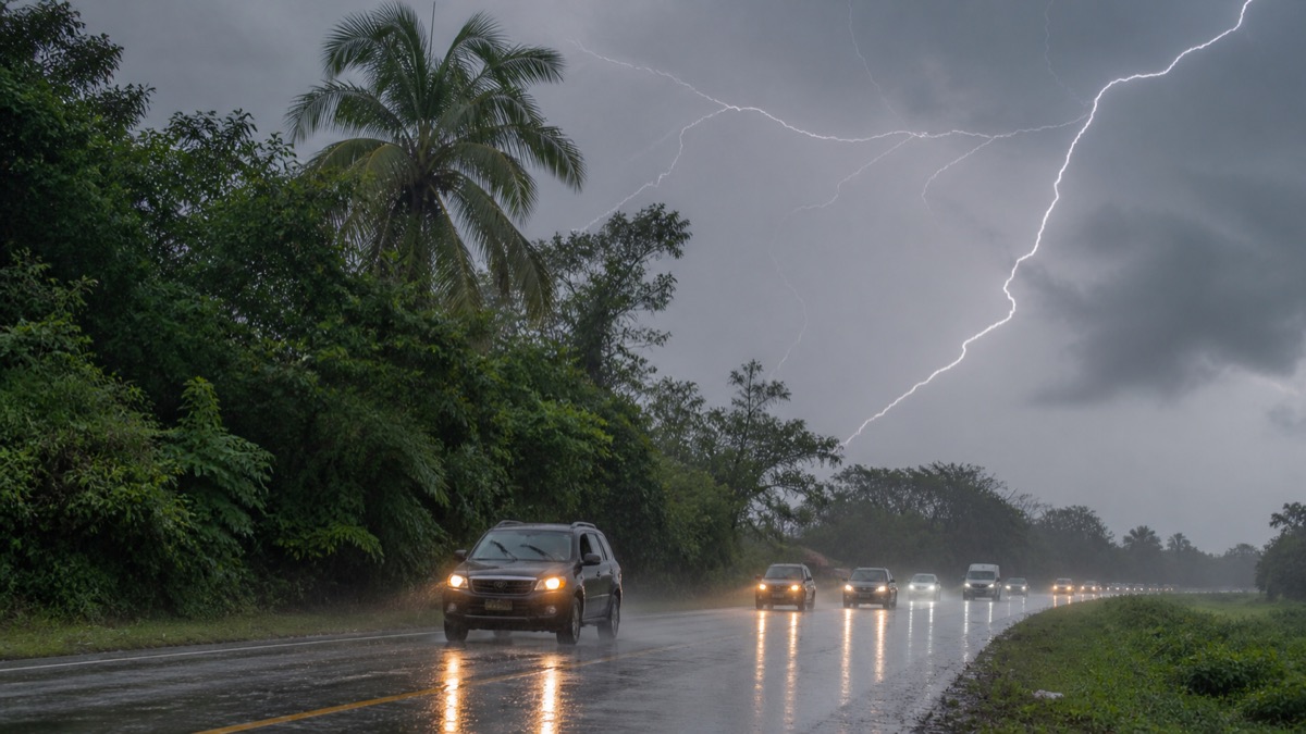 heavy tropical rain and lightning over a Panama roadway, vehicles moving cautiously