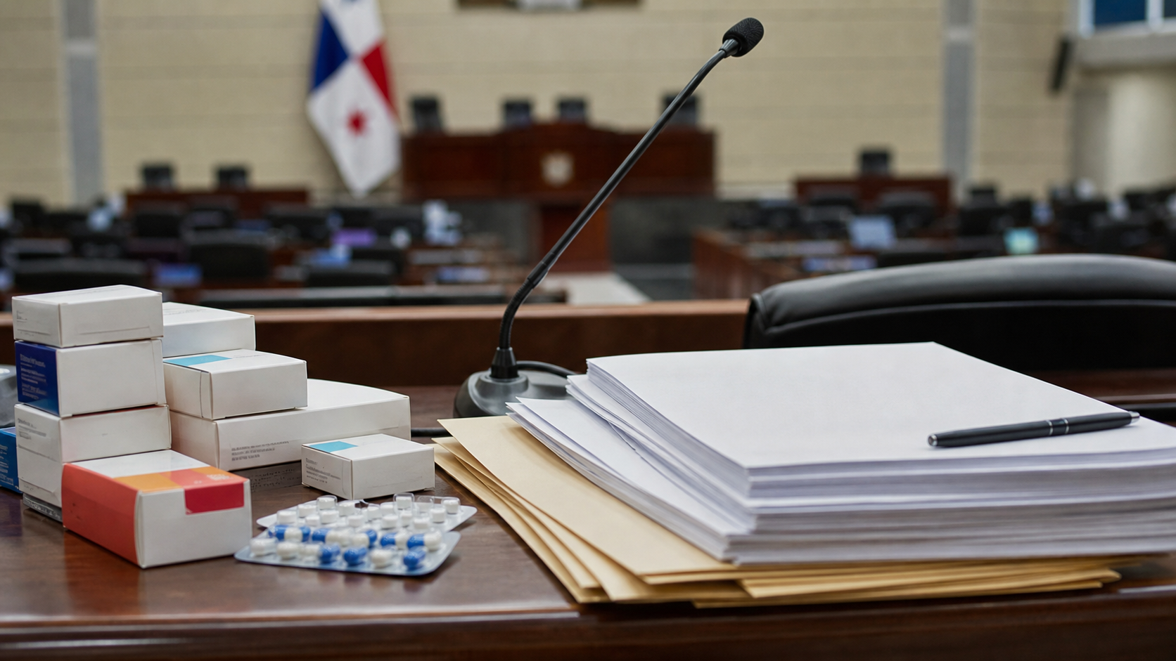 Generic medicine boxes and legislative documents are reviewed at a desk.