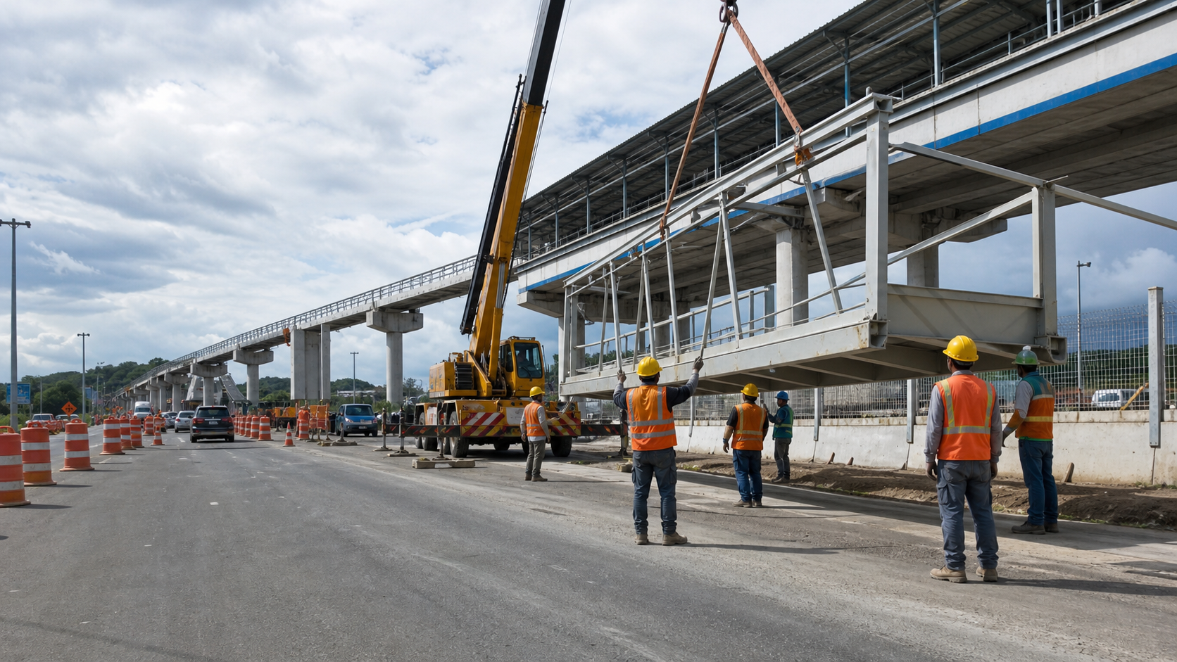 Crews preparing a pedestrian walkway structure for Metro Line 3 near Burunga.