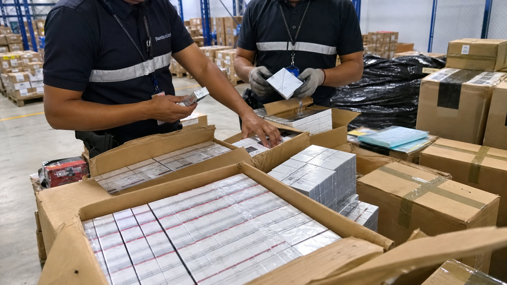 Customs inspectors reviewing boxed merchandise in a Colon warehouse.