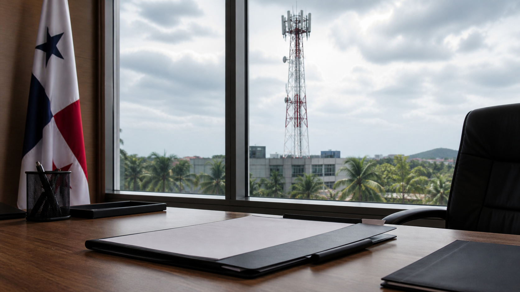 A telecommunications tower and empty proposal folders represent a mobile concession process.