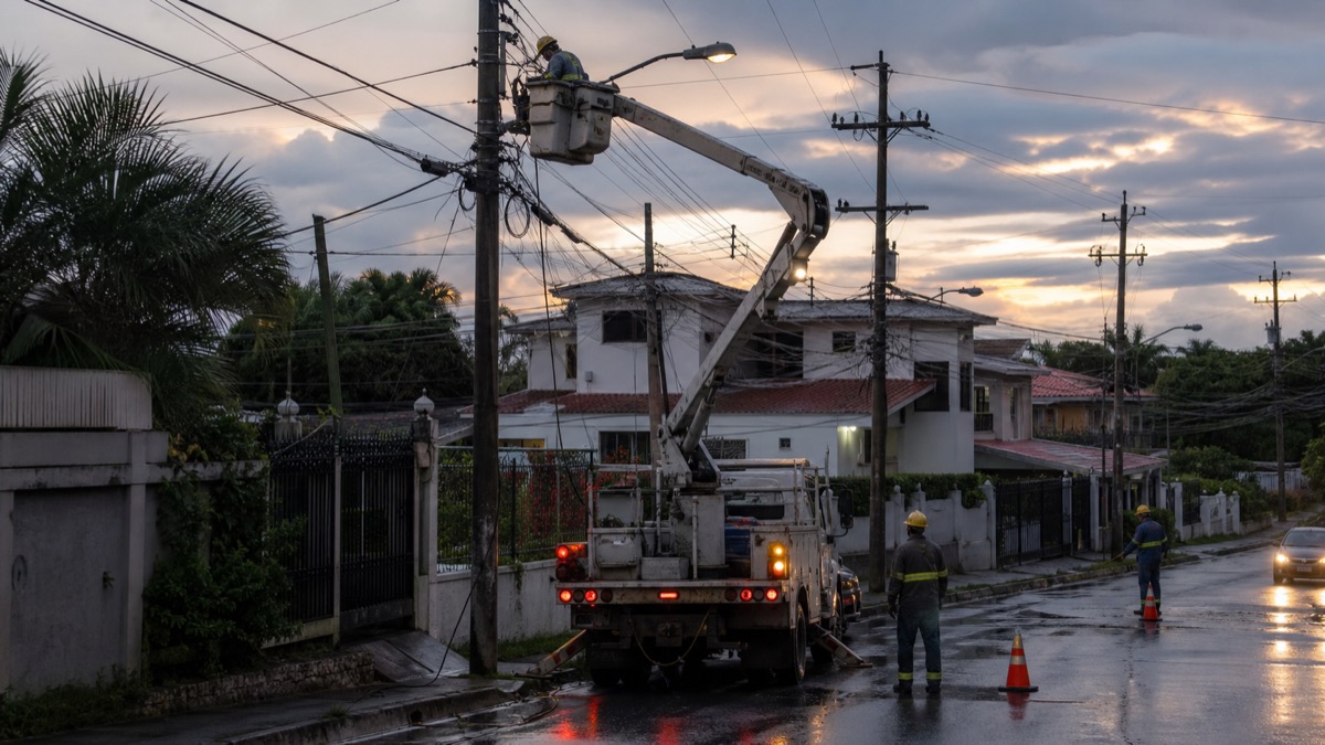 utility crews inspecting electrical infrastructure after an outage in a Panama neighborhood, dusk documentary photo