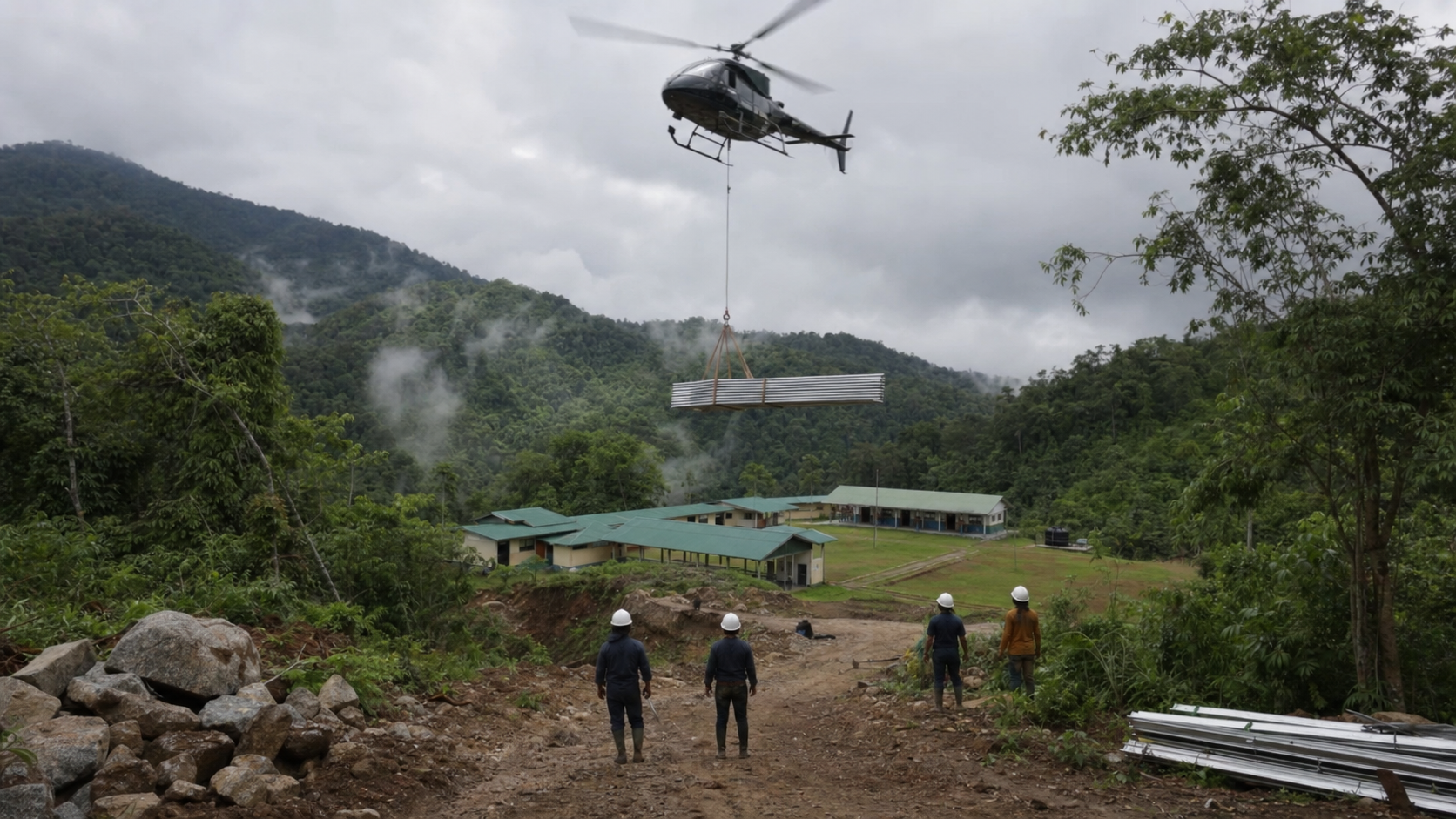 Helicopter-assisted delivery of bridge materials to a remote school access route.