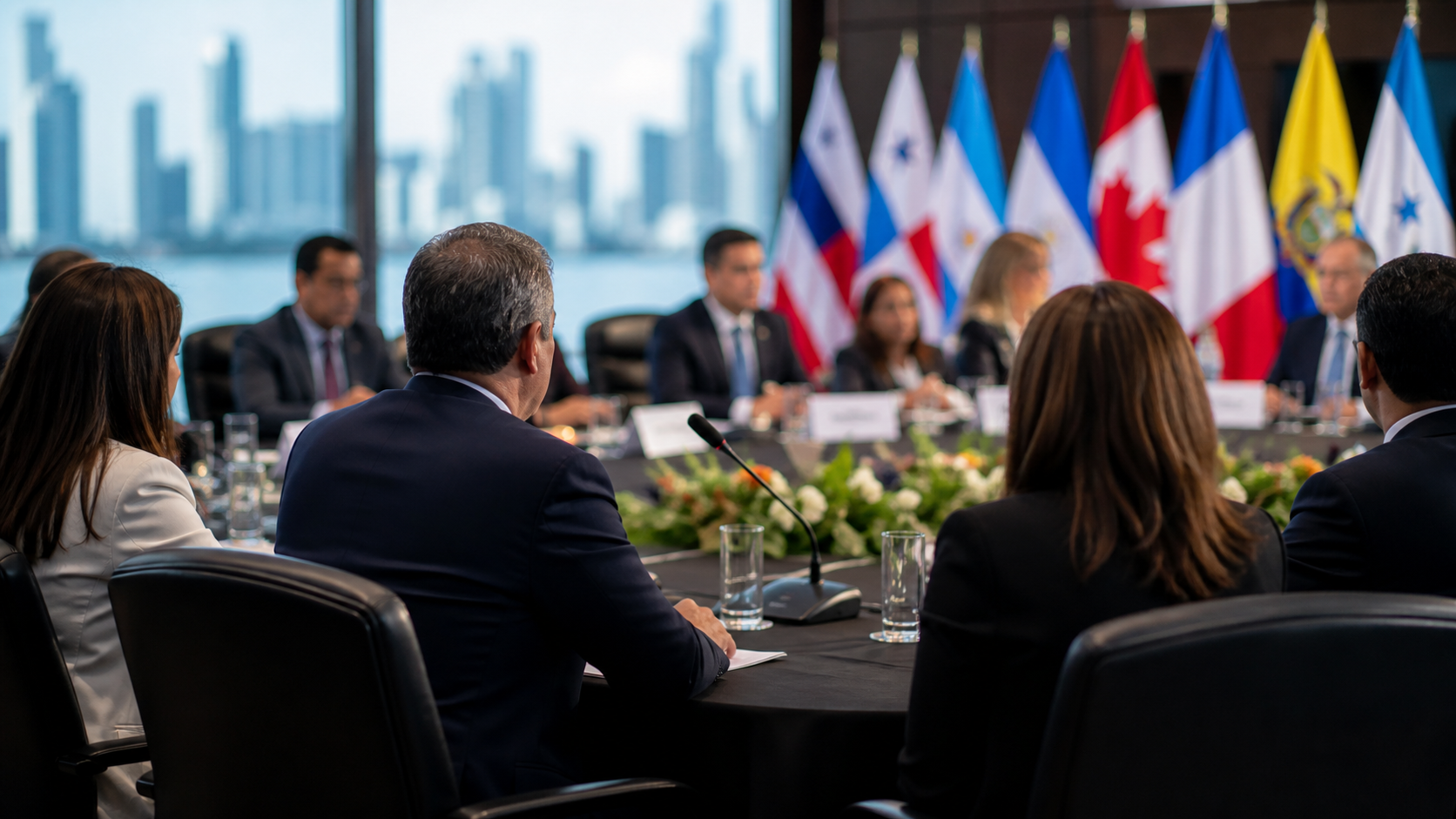 Delegates sit at a regional security conference table in Panama.