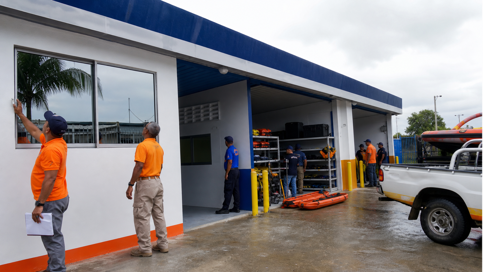 Civil protection workers inspect an improved emergency response base in Colón.