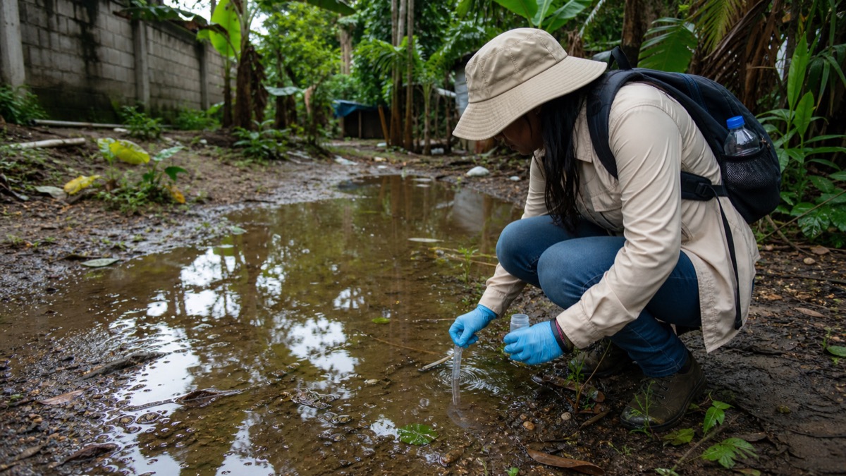 public health worker inspecting standing water for mosquito larvae