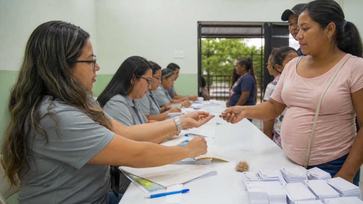 orderly education benefit card distribution desk in community hall