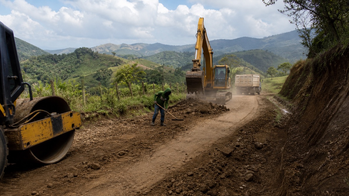 road crew improving a rural agricultural road in tropical hills