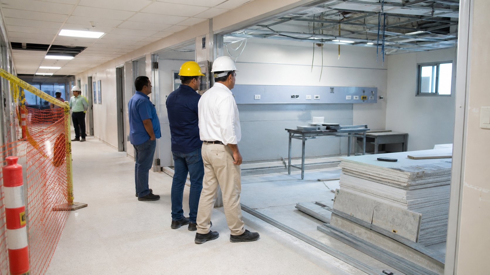 Hospital staff and construction workers inspect a clinical renovation area