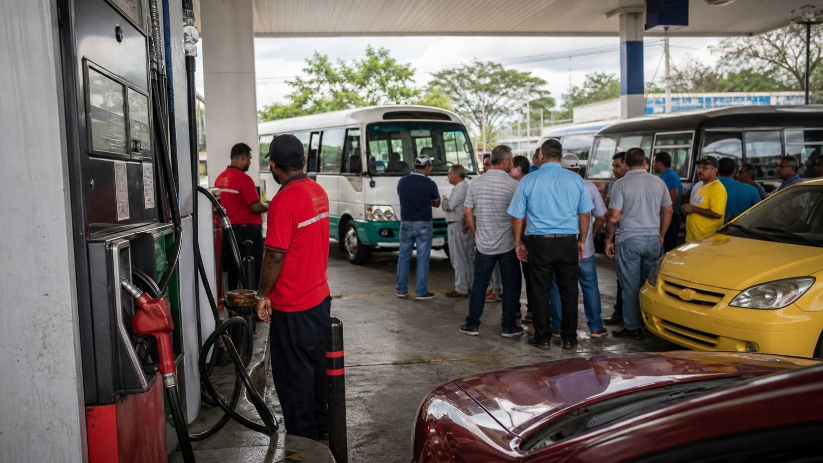 Transport operators gather near buses and a fuel pump in Panama