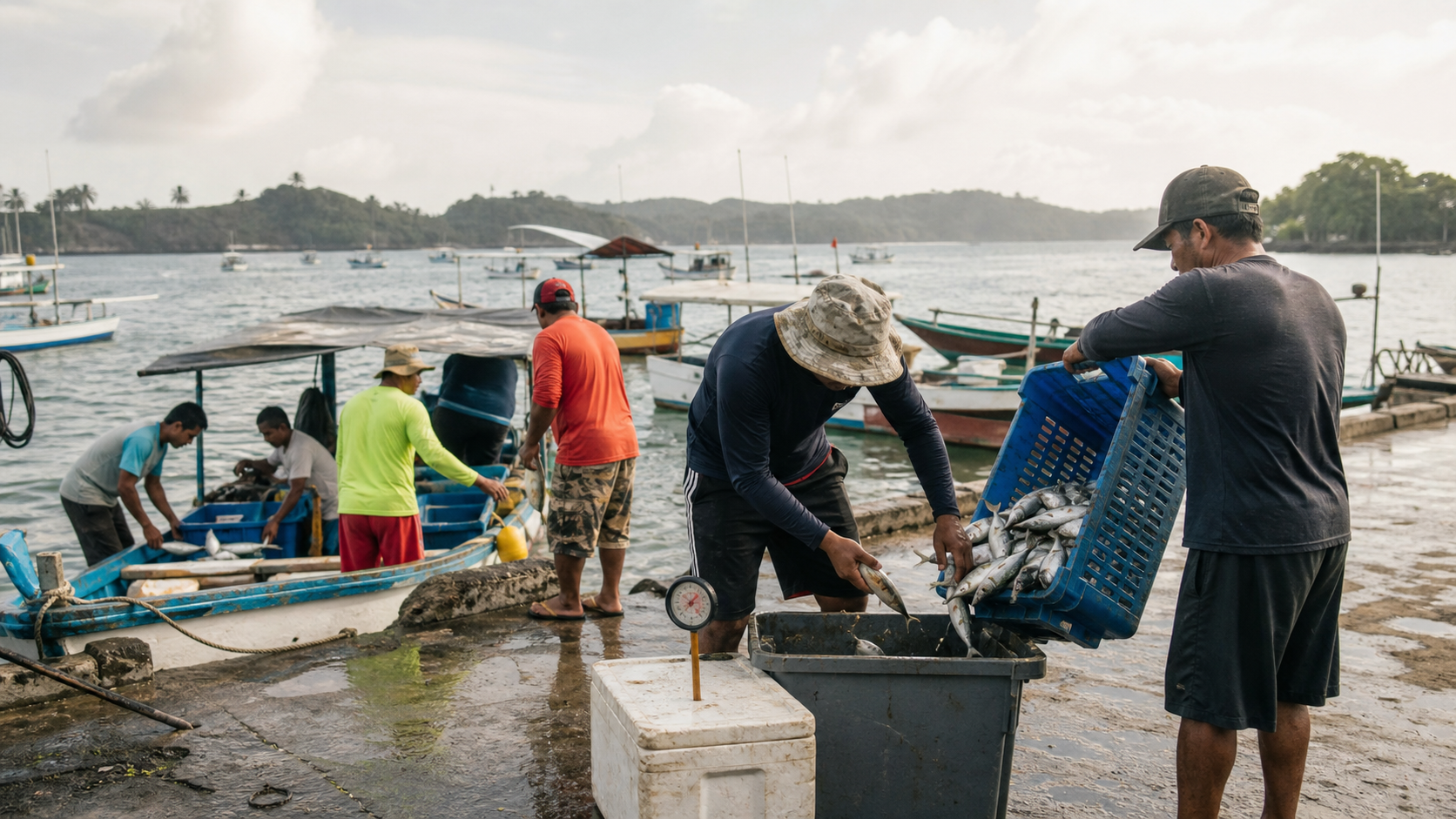 Fishers unload a modest catch at a coastal dock in Panama