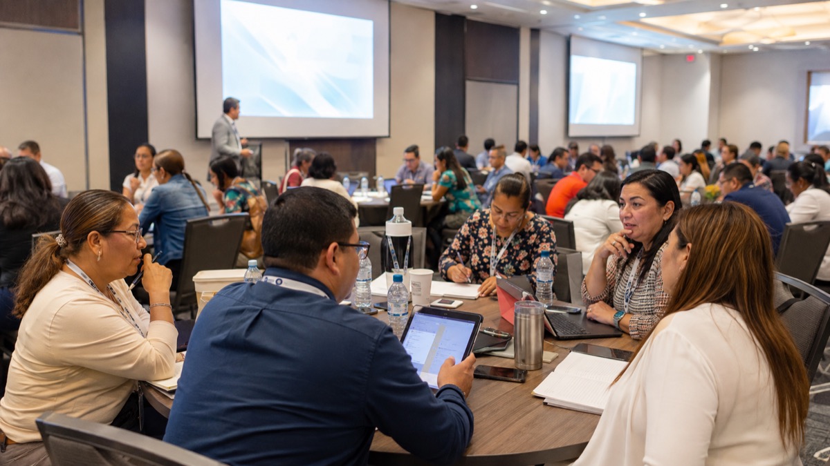 large teacher-development conference in Panama with educators attending a practical technology and learning workshop, presentation screens abstract and unreadable
