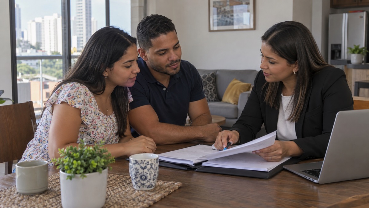 young Panamanian couple reviewing home loan papers with a housing adviser inside a modest apartment, no readable text