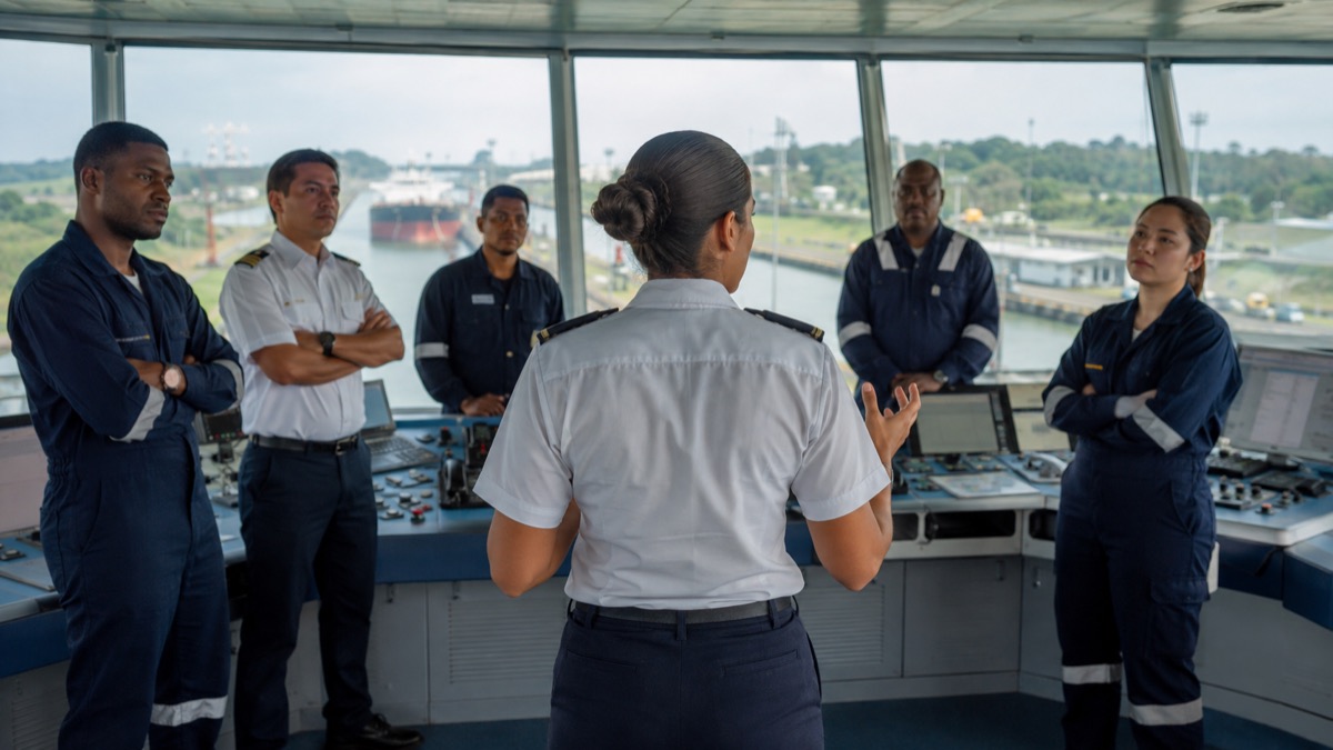 wide Panama Canal control-room scene with a female marine engineer seen from behind leading a diverse operations team, generic people with no recognizable likeness